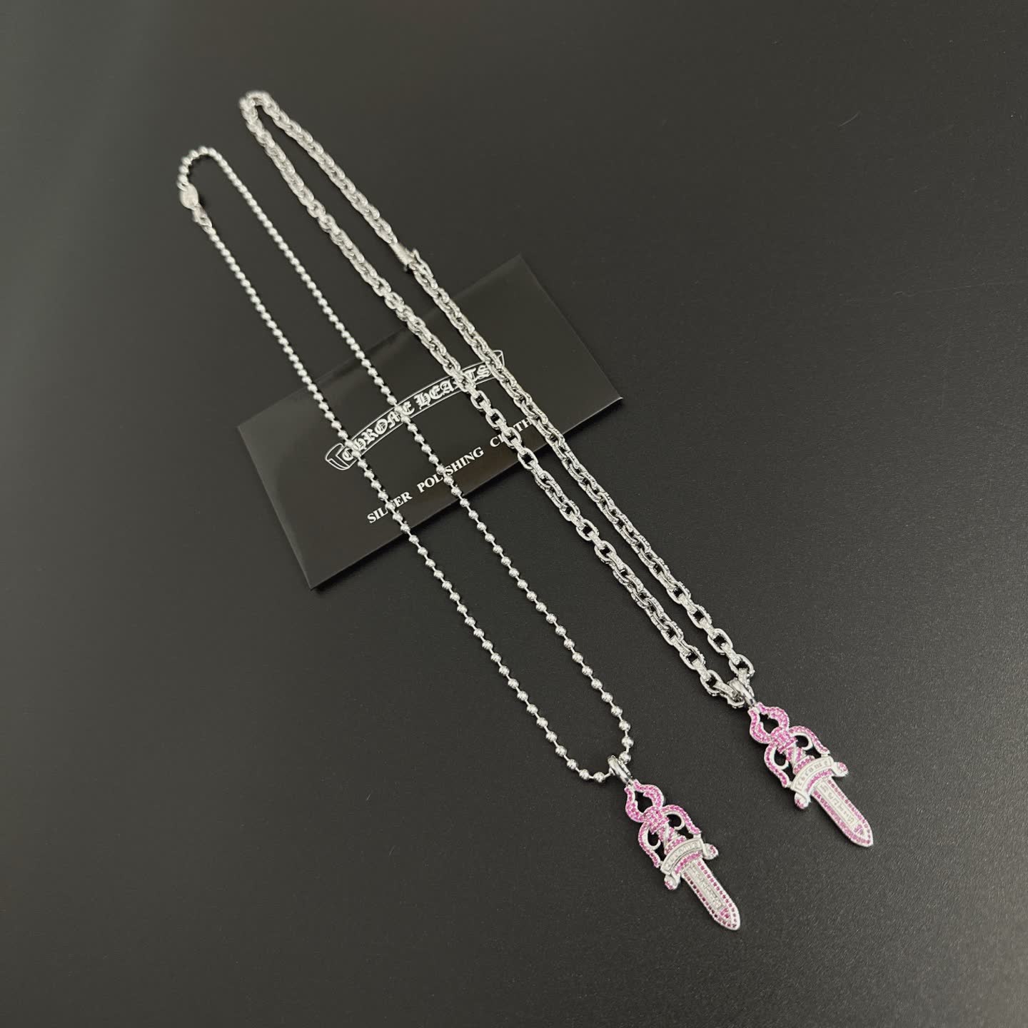 Chrome Hearts Silver Sword Pendant Necklace with Pink Stones
